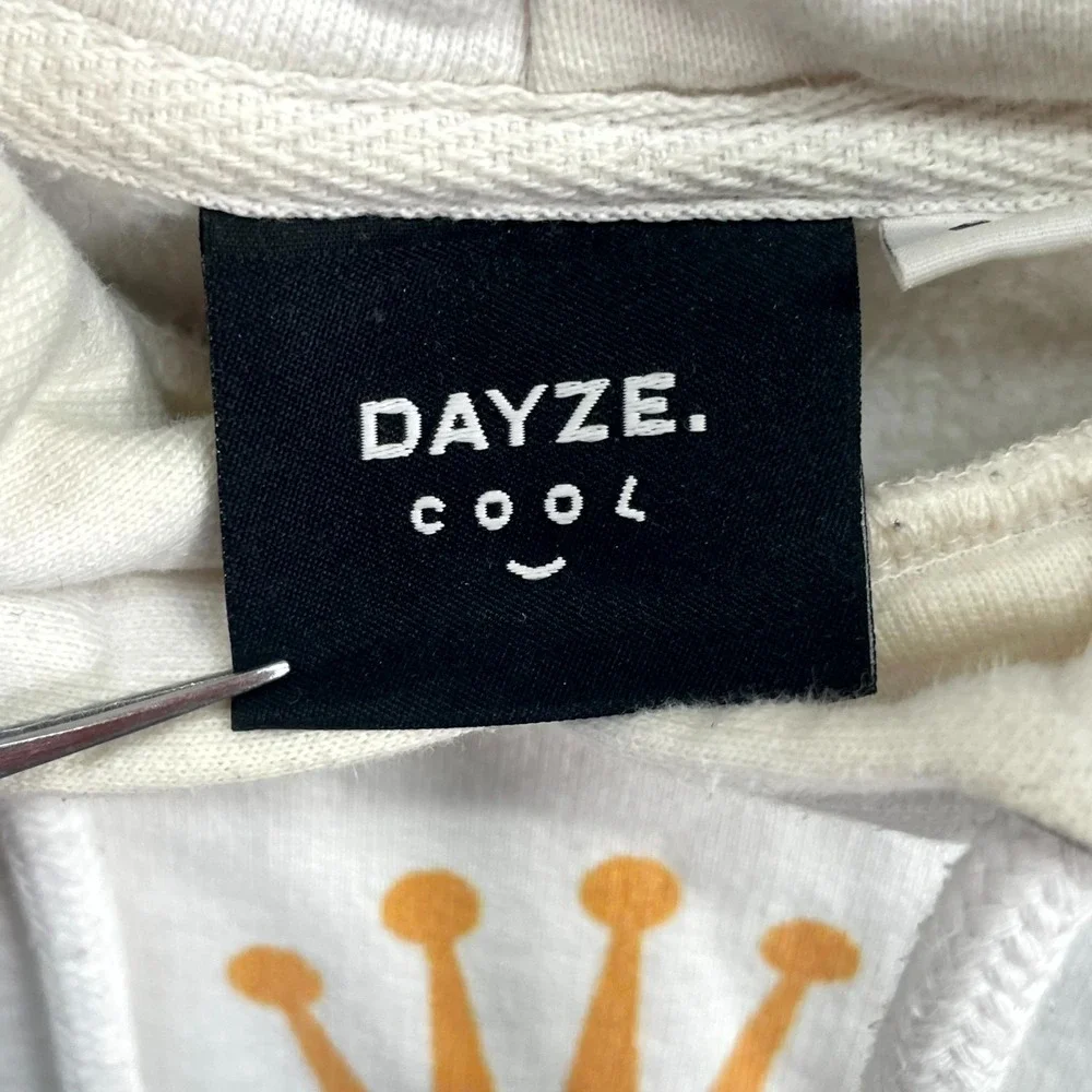 Dayze Cool Hoodie Mens Small Cream Graphic‎ Print Durex Crown Logo Fleece Lined